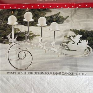 Vintage New Silver Plated Reindeer and Santa Sleigh Candle Holder Decor Unused